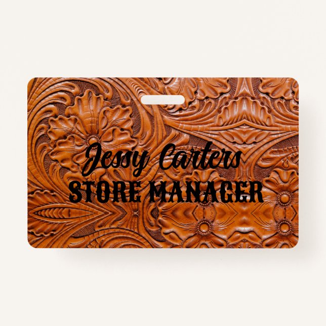 Cowboy Rustic Western Country Tooled Leather  Badge (Front)