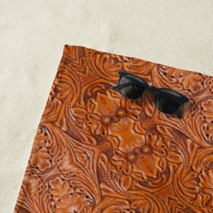 Cowboy Rustic western country tooled leather print Beach Towel
