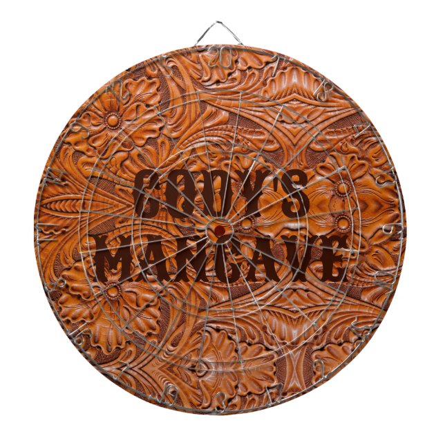 Cowboy Rustic western country tooled leather print Dartboard (Front)
