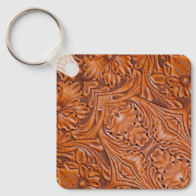 Cowboy Rustic western country tooled leather print Keychain (Front)