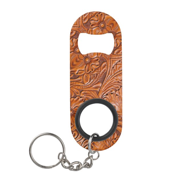 Cowboy Rustic western country tooled leather print Keychain Bottle Opener (Front)