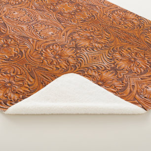 Cowboy Rustic western country tooled leather print Sherpa Blanket