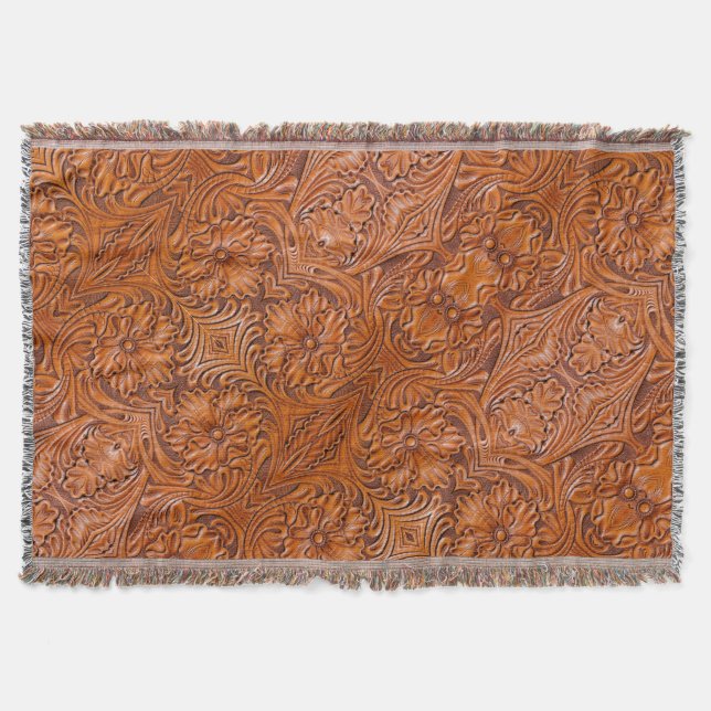 Cowboy Rustic western country tooled leather print Throw Blanket (Front)