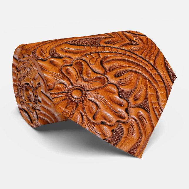 Cowboy Rustic western country tooled leather print Tie (Rolled)