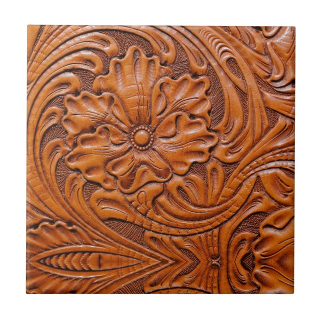 Cowboy Rustic western country tooled leather print Tile (Front)