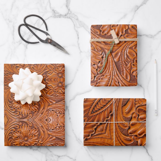 Cowboy Rustic western country tooled leather print Wrapping Paper Sheet (Front)