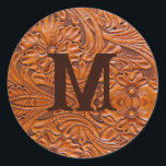 Cowboy Rustic western country wedding monogram Classic Round Sticker<br><div class="desc">Rustic western country pattern tooled leather print monogrammed stickers . Cowboy wedding favours.</div>