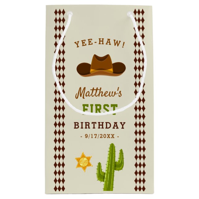 Cowboy Saloon Boy Wild West 1st Birthday Small Gift Bag (Back)