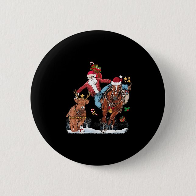 Cowboy Santa Bulldogging Western Cowboy Xmas Funny 2 Inch Round Button (Front)
