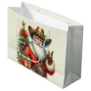 Cowboy Santa Christmas Tree Santa Suit Cowboy Hat Large Gift Bag