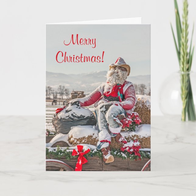 Cowboy Santa Christmas Wagon with Hay Bales Holiday Card (Front)