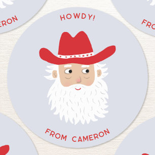 Cowboy Santa Claus Christmas Custom Text Classic Round Sticker