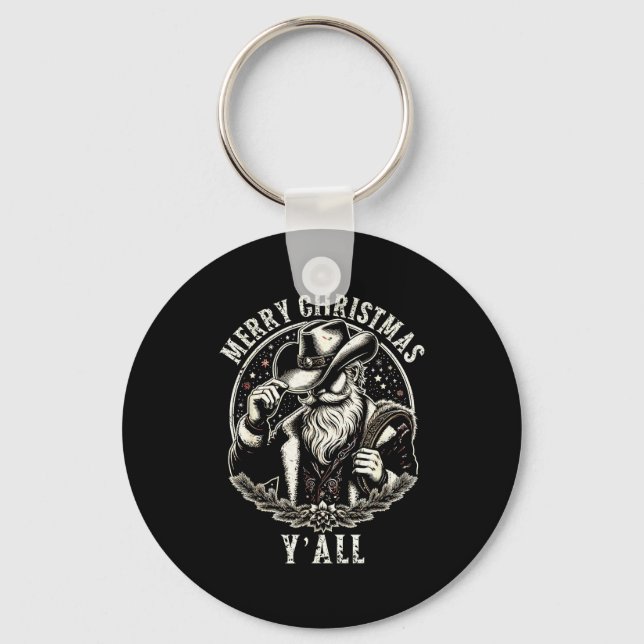 Cowboy Santa Claus Merry Christmas Y'all Western C Keychain (Front)