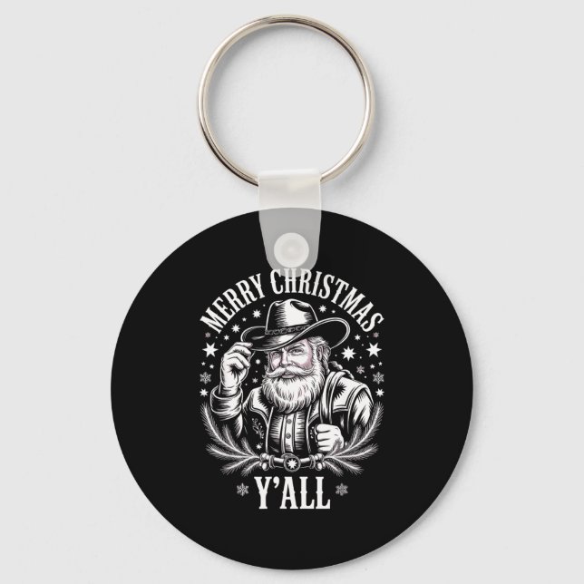 Cowboy Santa Claus Merry Christmas Y'all Western C Keychain (Front)