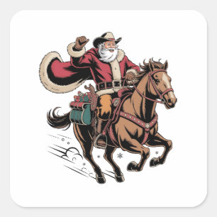 Cowboy Santa Claus Riding A Horse Christmas Square Sticker