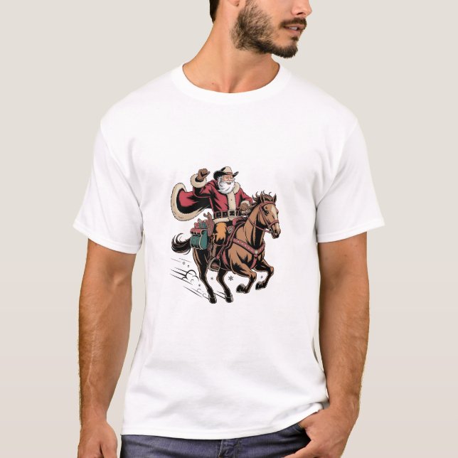 Cowboy Santa Claus Riding A Horse Christmas  T-Shirt (Front)