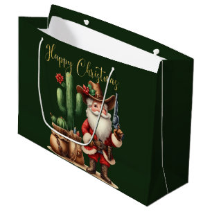 Cowboy Santa Happy Christmas Desert Cactus Pistol Large Gift Bag