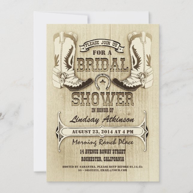 cowboy shoes western bridal shower invitations (Front)