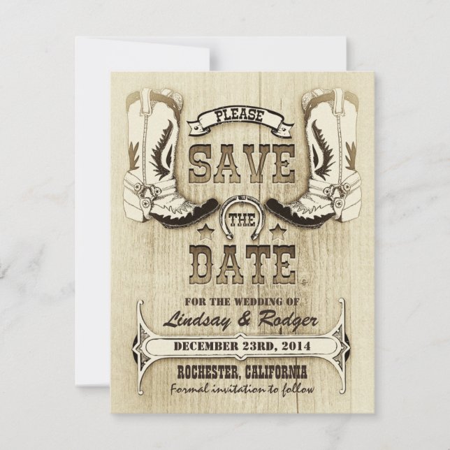 cowboy shoes western country save the date (Front)