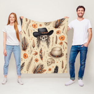 Cowboy Skull & Pumpkin Boho Seamless Pattern Fleece Blanket