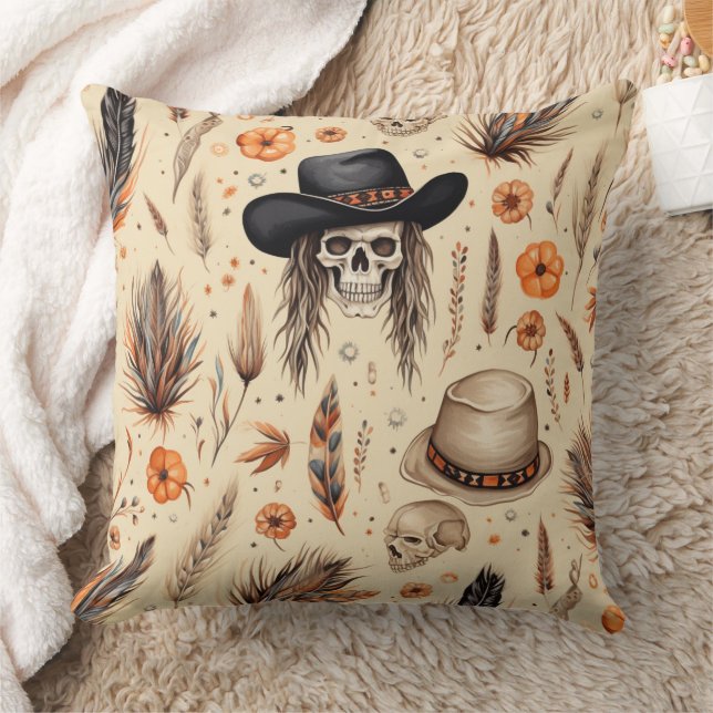 Cowboy Skull & Pumpkin Boho Seamless Pattern Throw Pillow (Blanket)