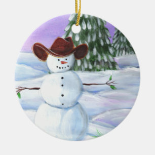 Cowboy Snowman Ceramic Ornament
