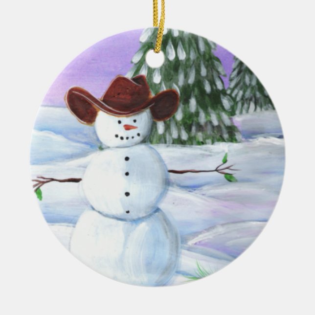 Cowboy Snowman Ceramic Ornament (Front)