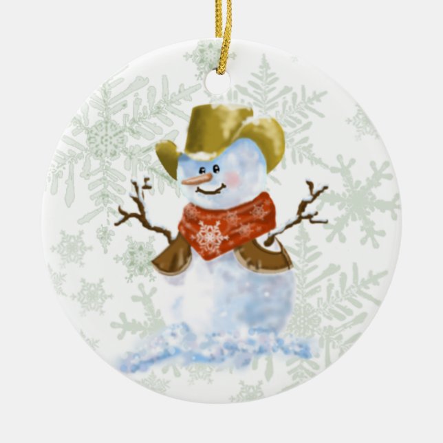 Cowboy Snowman Ceramic Ornament (Front)