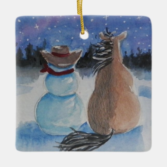 Cowboy Snowman with Horse Christmas Holiday Ceramic Ornament (Front)