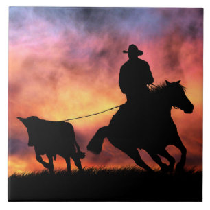 Cowboy Steer Roping in Sunset Tile