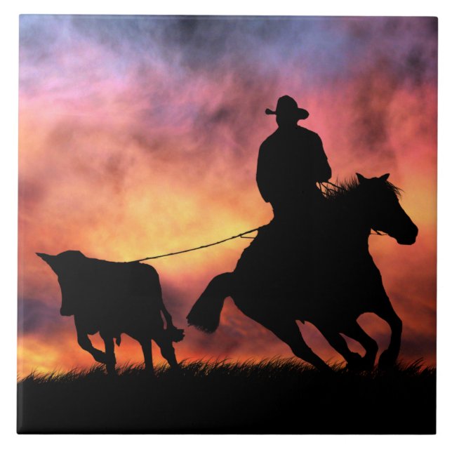 Cowboy Steer Roping in Sunset Tile (Front)