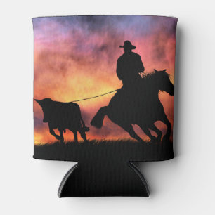 Cowboy Steer Roping off of Horse Can Cooler
