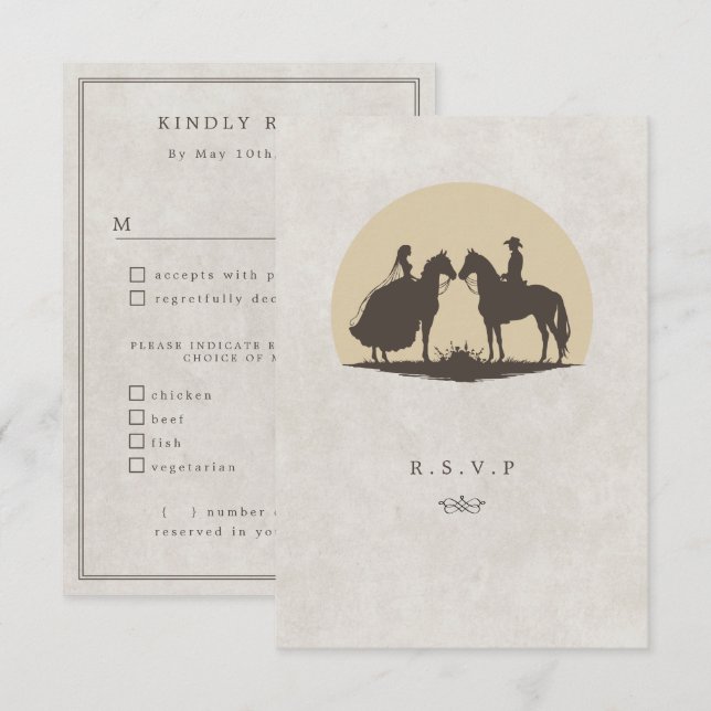 Cowboy sunset meal choices wedding RSVP (Front/Back)