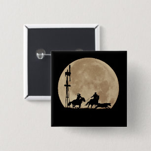 Cowboy Team Roping Rodeo With Windmill and Moon 2 Inch Square Button