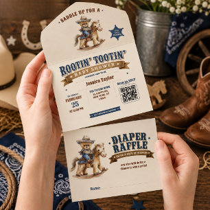 Cowboy Teddy Bear Baby Shower QR Diaper Raffle All In One Invitation