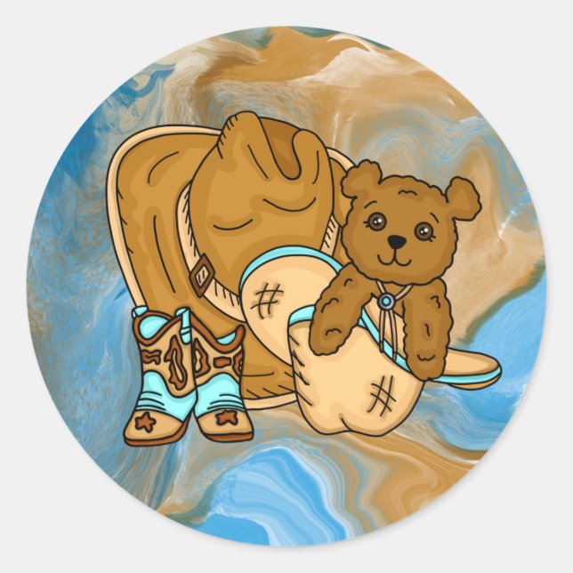 Cowboy Teddy Bear Boy’s Teddy Bear Baby Shower Classic Round Sticker (Front)