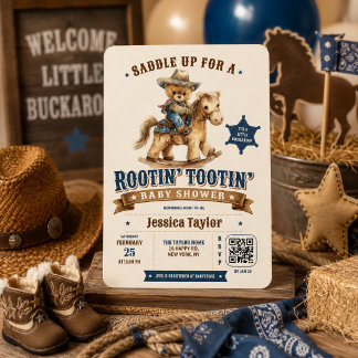 Cowboy Teddy Bear Western QR RSVP Baby Shower Invitation