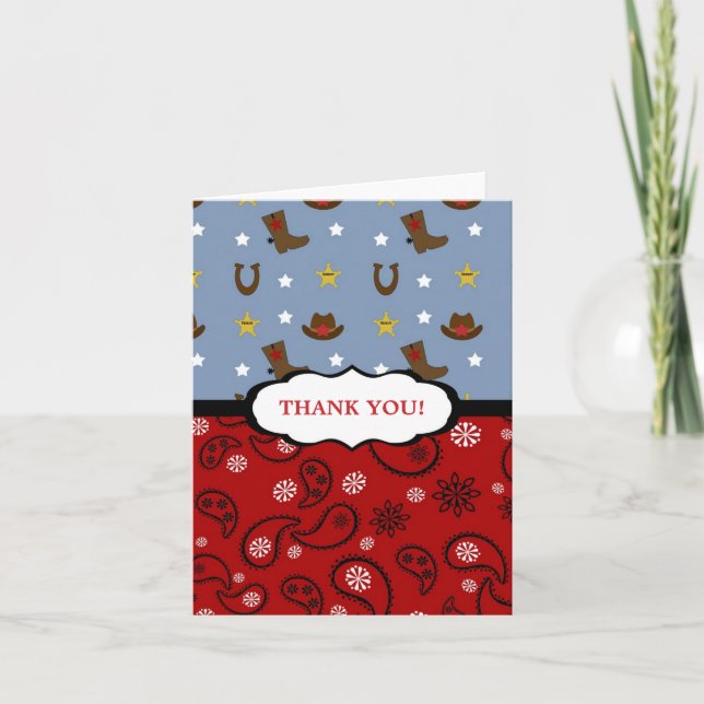 Cowboy Thank You Note / red blue paisley boots Card (Front)
