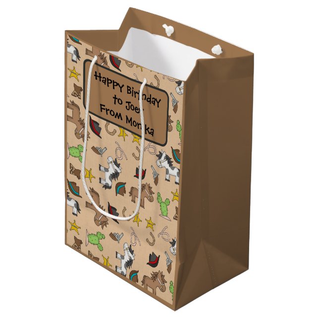 Cowboy theme Gift Bag with editable text box (Front Angled)