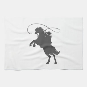 cowboy throwing lasso riding rearing up horse kitchen towel