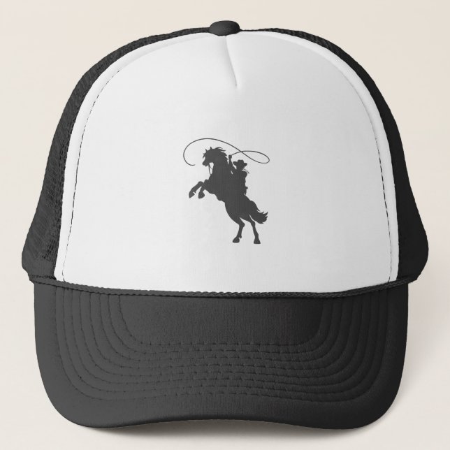 cowboy throwing lasso riding rearing up horse trucker hat (Front)