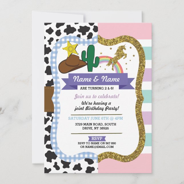 Cowboy & Unicorn Boys Girls Birthday Invites (Front)