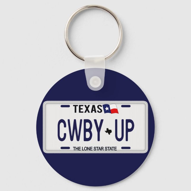 Cowboy Up!  CWBY UP Texas License Plate Keychain (Front)