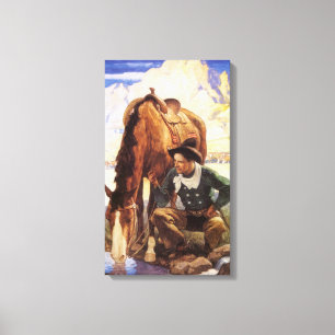 Cowboy Watering His Horse by NC Wyeth, Vintage Art Canvas Print
