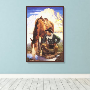 Cowboy Watering His Horse by NC Wyeth, Vintage Art Canvas Print