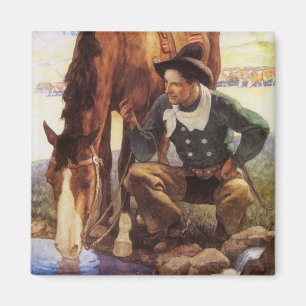 Cowboy Watering His Horse by NC Wyeth, Vintage Art Magnet