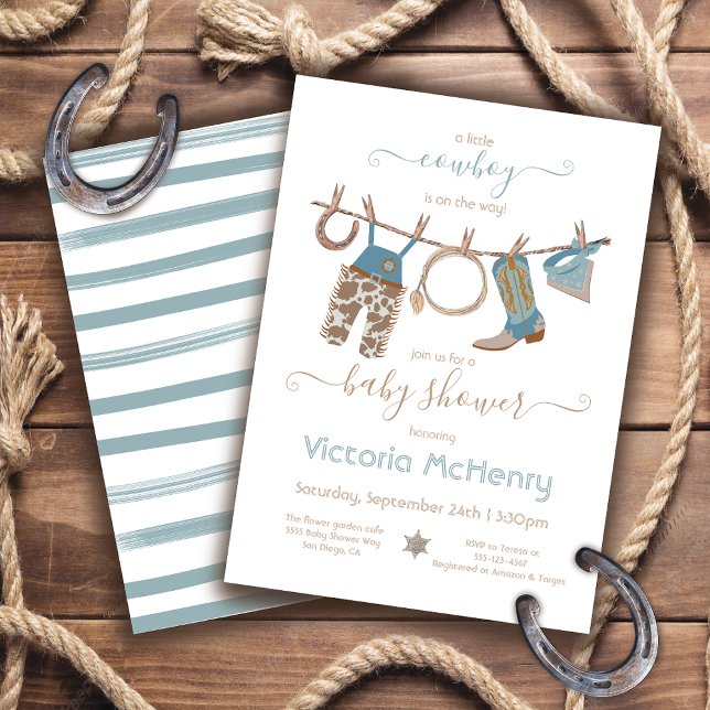 Cowboy Western Baby Boy Clothesline Baby Shower Invitation (Creator Uploaded)