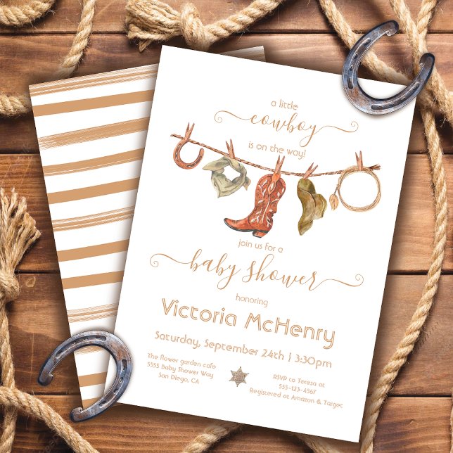 Cowboy Western Baby Boy Clothesline Baby Shower Invitation (Creator Uploaded)