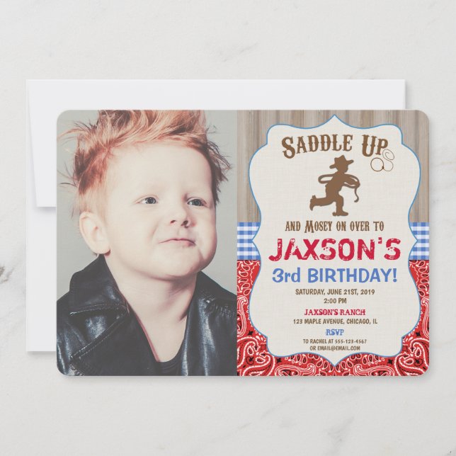 Cowboy western birthday boy rustic photo invitation (Front)