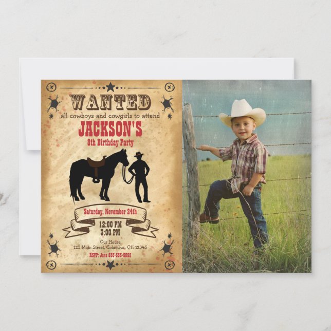 Cowboy Western Birthday Invitation / Wanted Poster (Front)